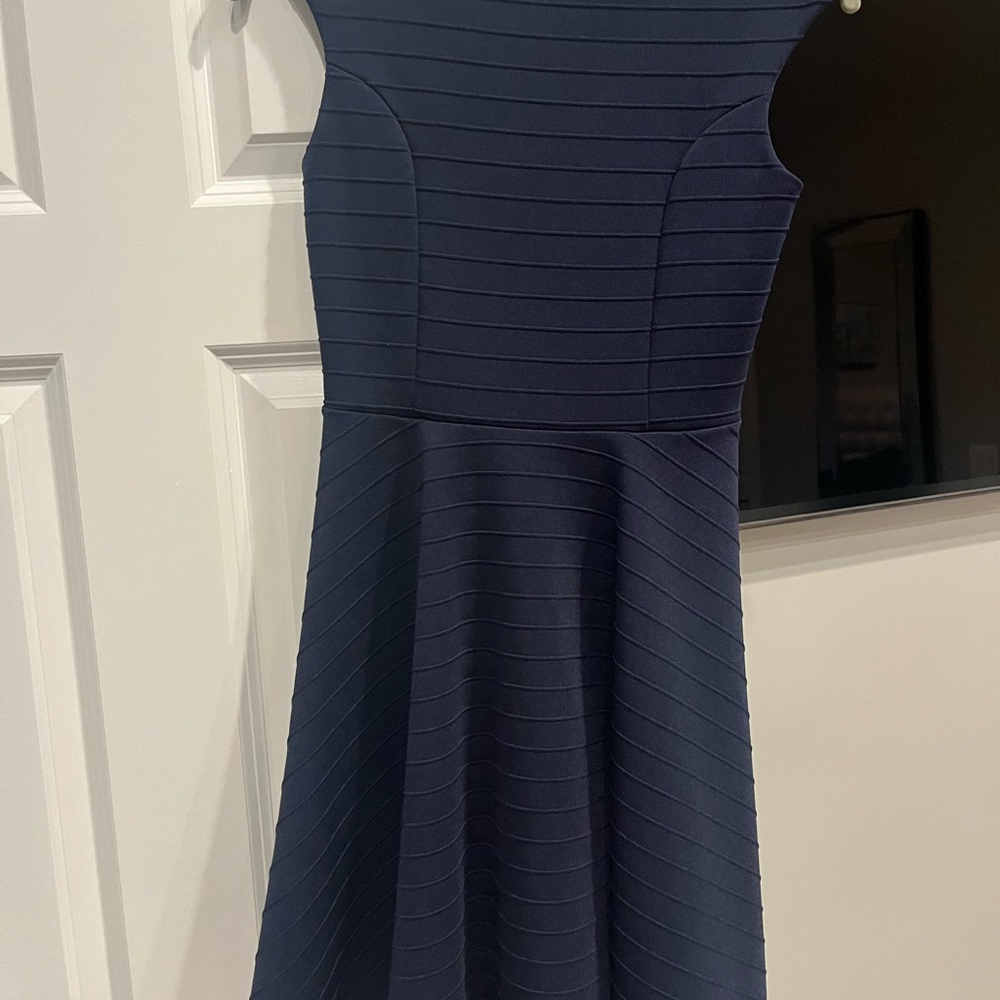 Blue Fit and Flare Cocktail Dress Sleeveless Crew Neck
